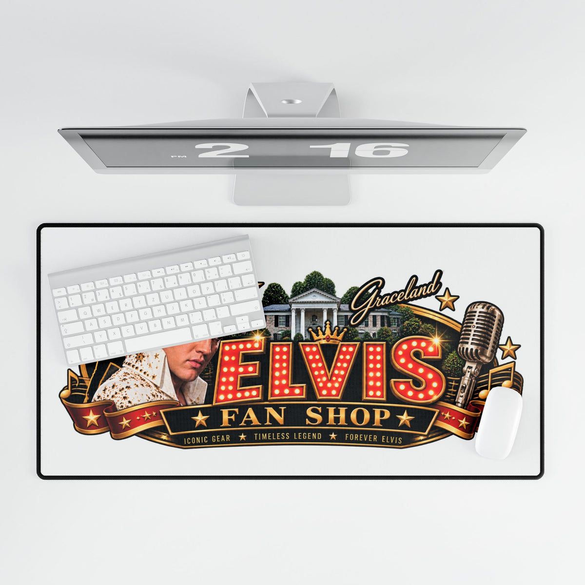Elvis Fan Shop Desk Mat — Retro Graceland Microphone Gaming/Office Mousepad